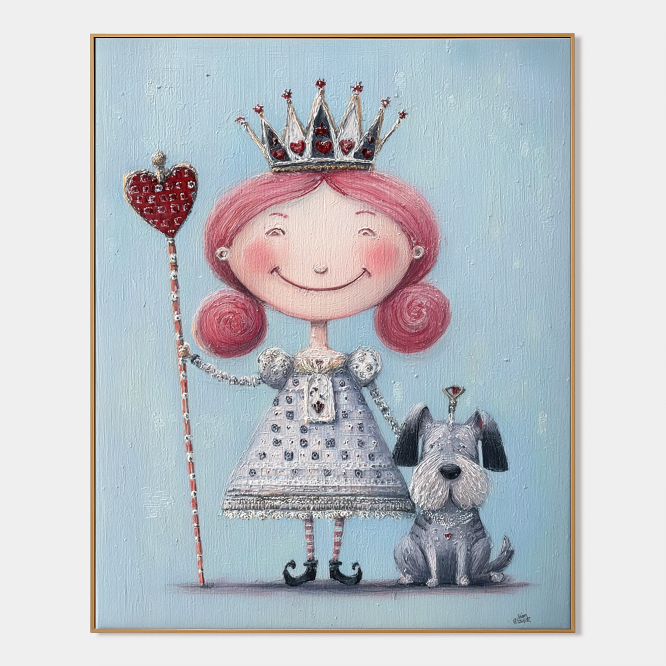 Whimsical young queen with a crown and her dog, holding a heart-shaped scepter.