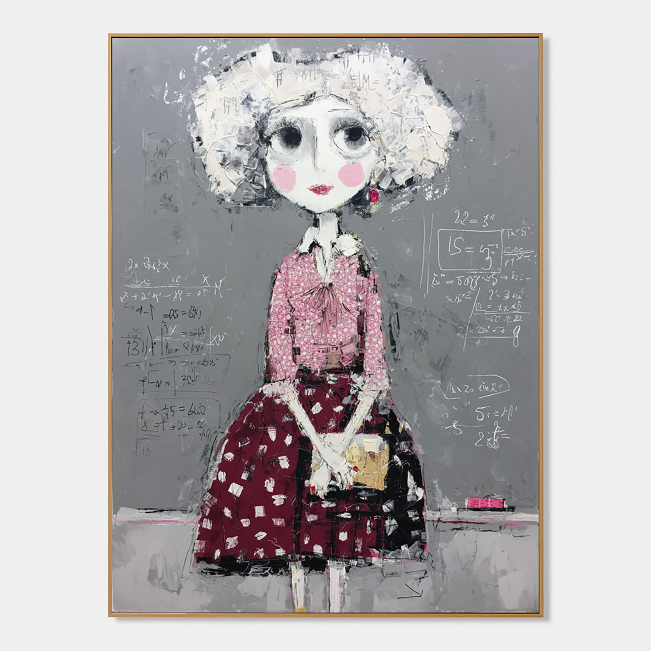 Whimsical girl with mathematical equations in the background, wearing a pink blouse and red skirt.