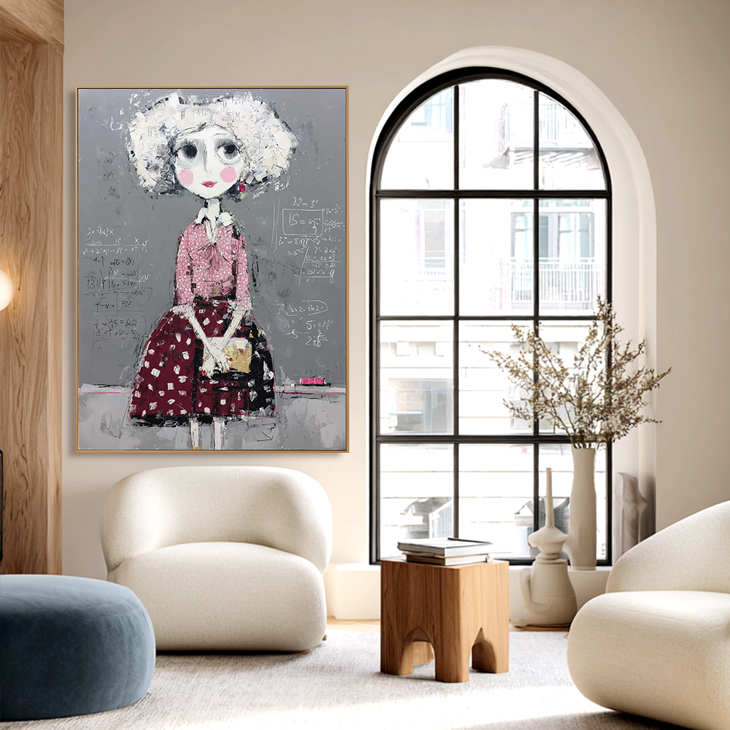 Whimsical girl with mathematical equations in the background, wearing a pink blouse and red skirt.