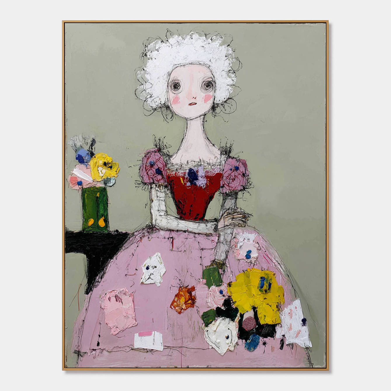 Whimsical queen in a pink gown with colorful flowers, sitting beside a vase.