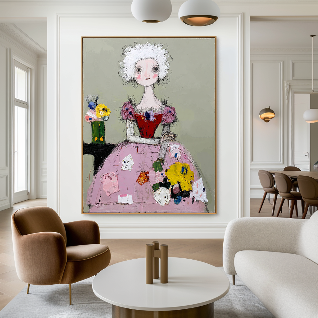 Whimsical queen in a pink gown with colorful flowers, sitting beside a vase.