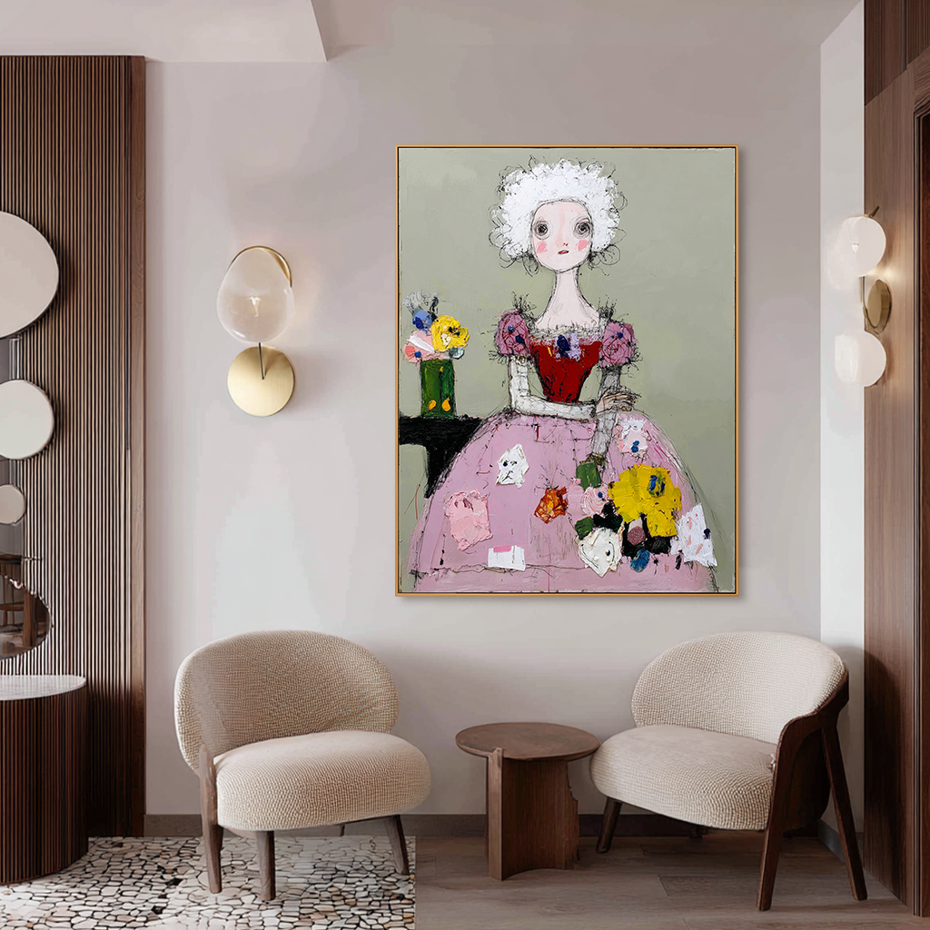 Whimsical queen in a pink gown with colorful flowers, sitting beside a vase.