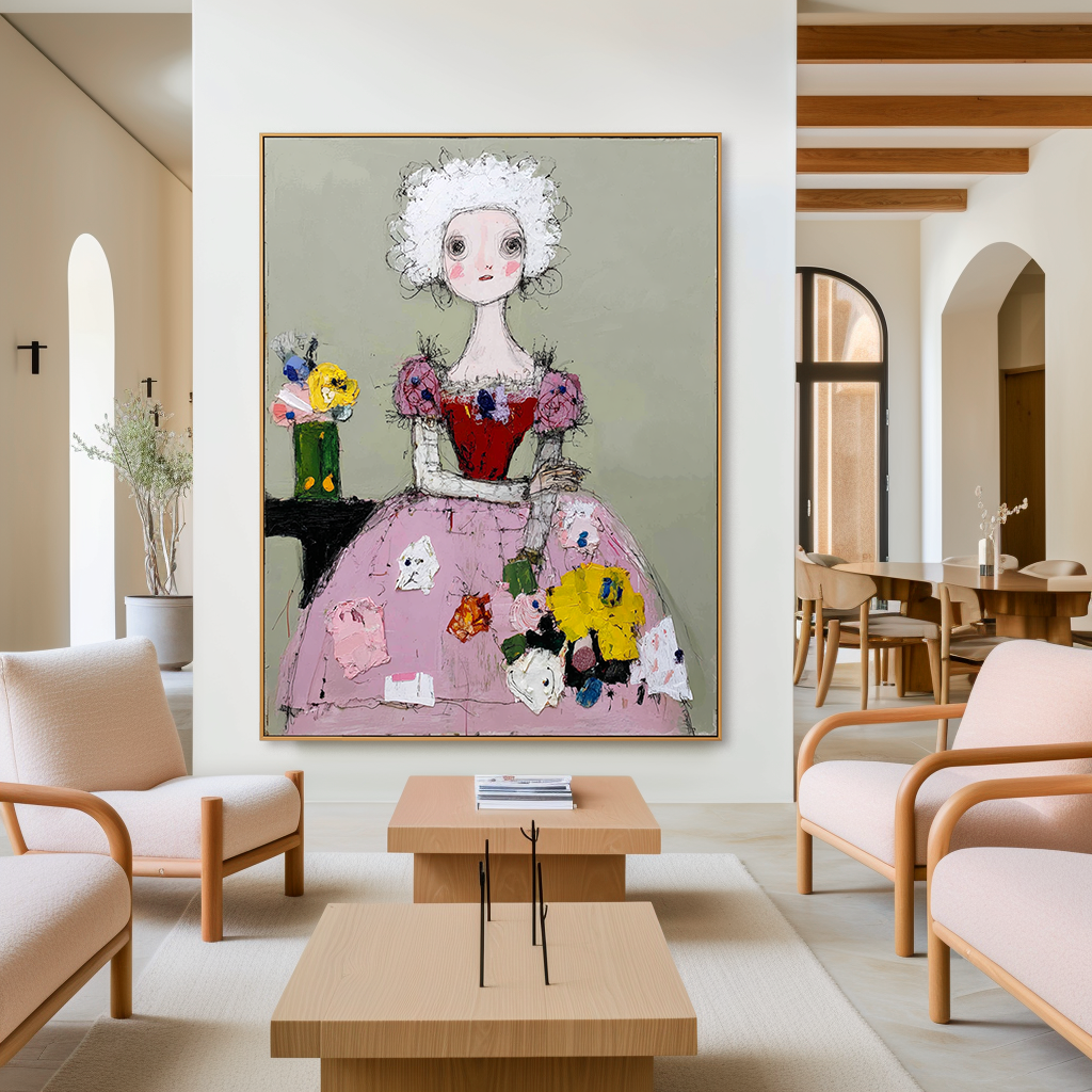 Whimsical queen in a pink gown with colorful flowers, sitting beside a vase.