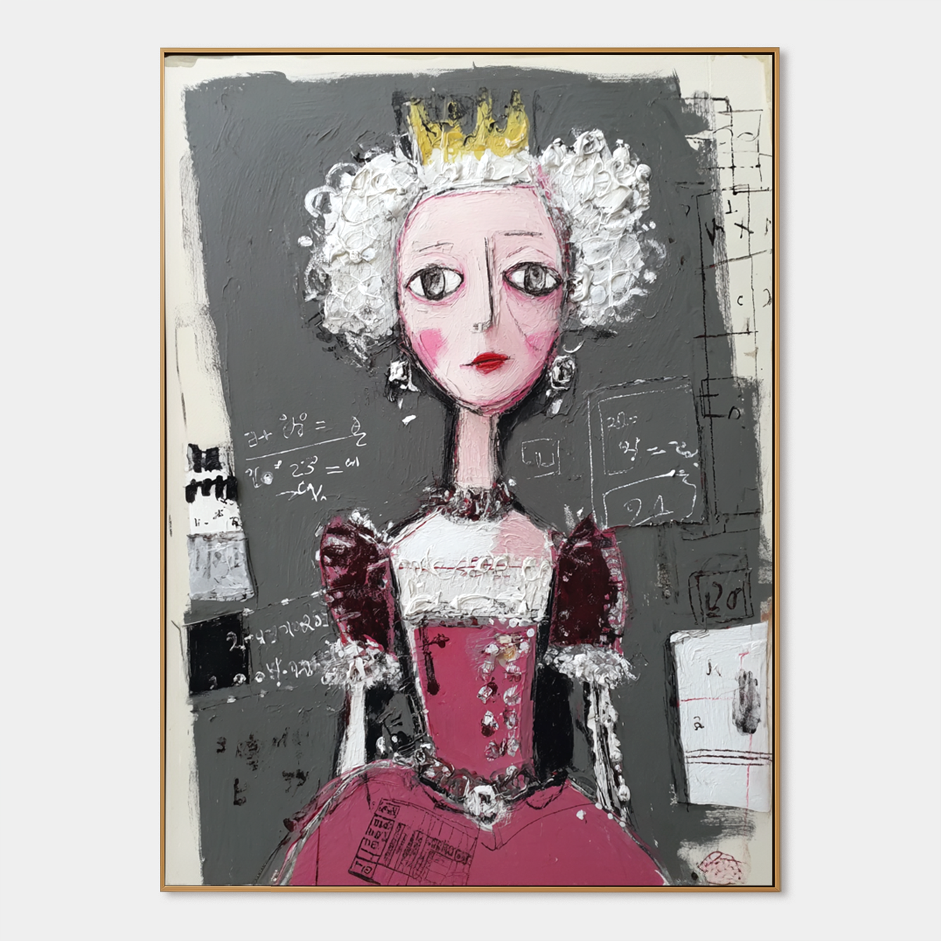 Whimsical queen in a red gown with a golden crown, surrounded by math equations.