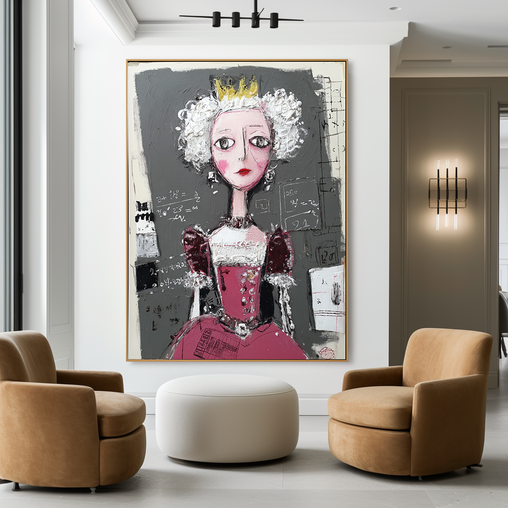 Whimsical queen in a red gown with a golden crown, surrounded by math equations.