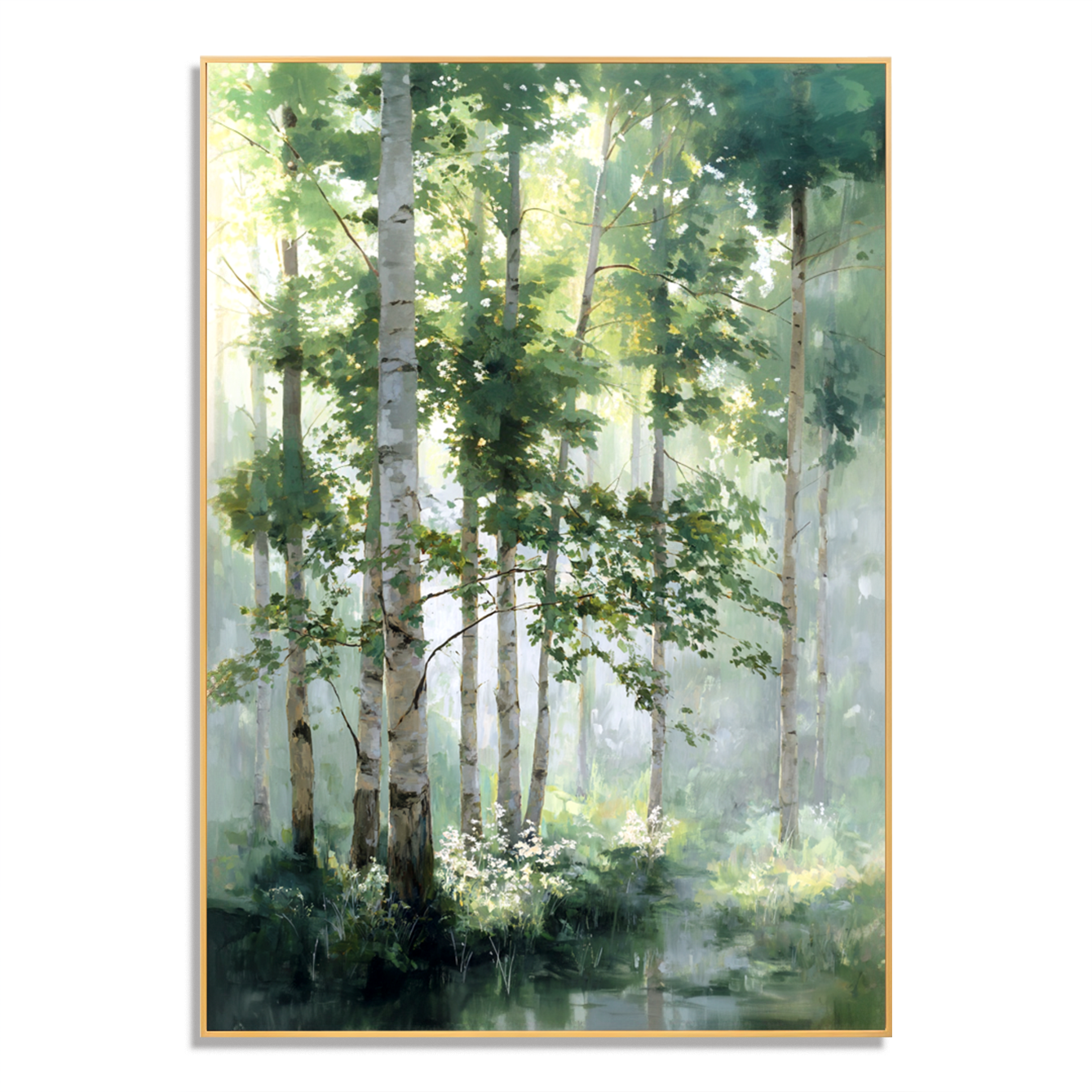 Serene forest path with tall trees, mist, and soft sunlight illuminating the scene.