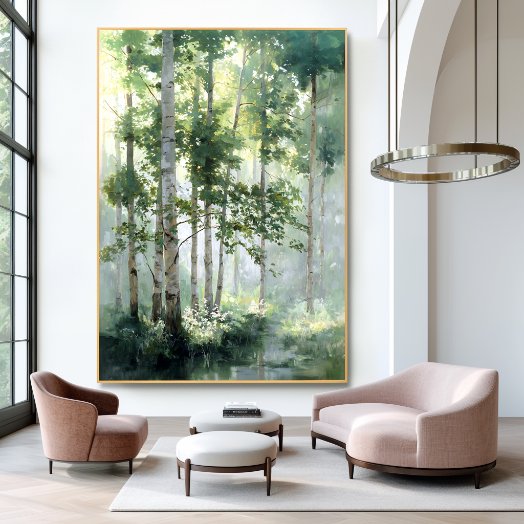 Serene forest path with tall trees, mist, and soft sunlight illuminating the scene.