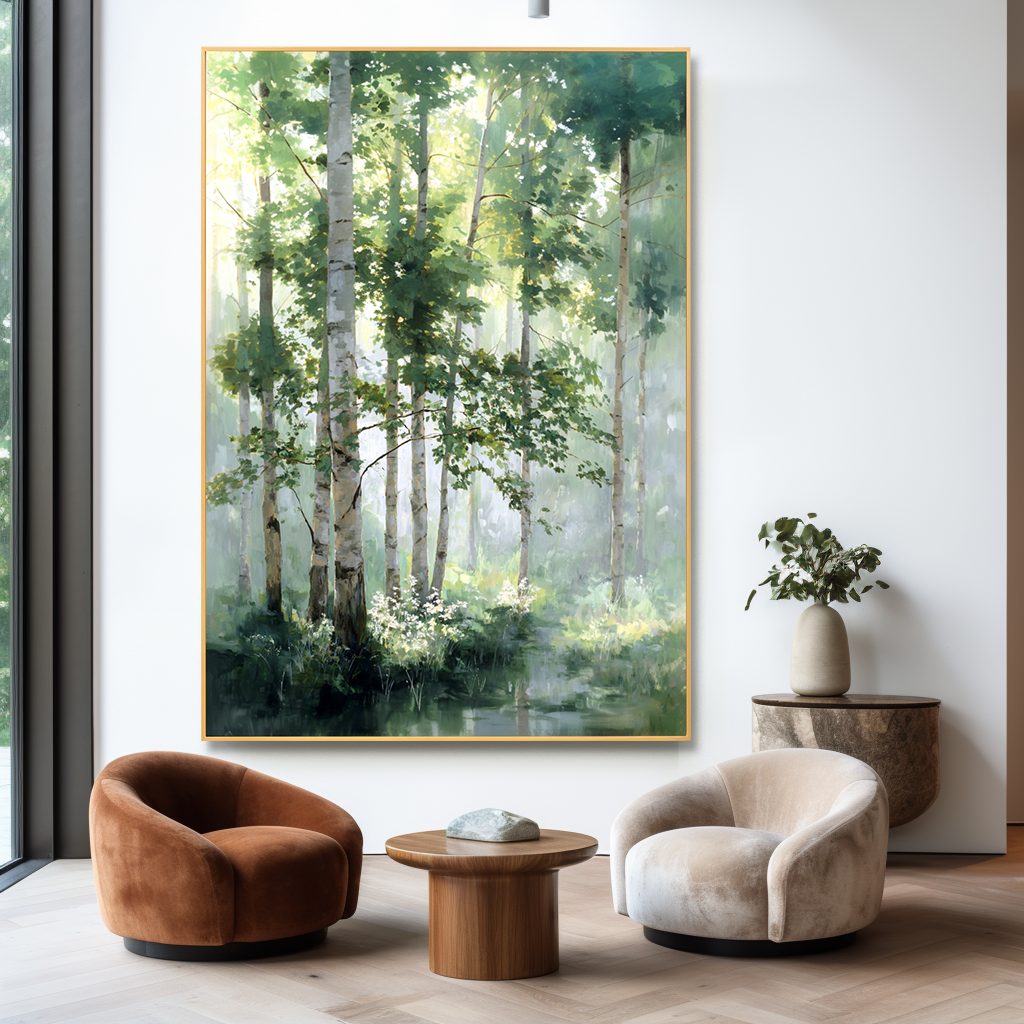 Serene forest path with tall trees, mist, and soft sunlight illuminating the scene.