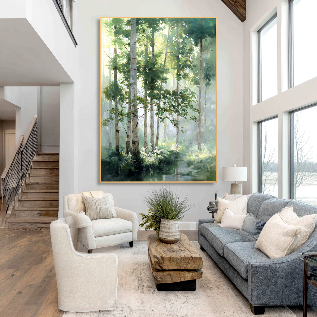 Serene forest path with tall trees, mist, and soft sunlight illuminating the scene.