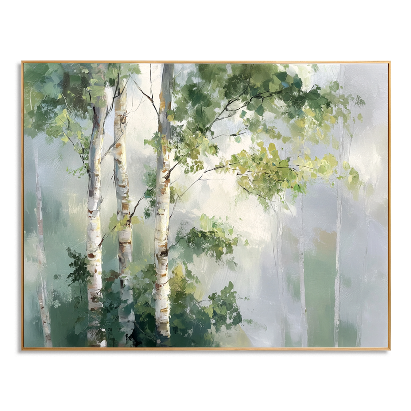 Serene birch trees in a misty forest with soft green and white tones.