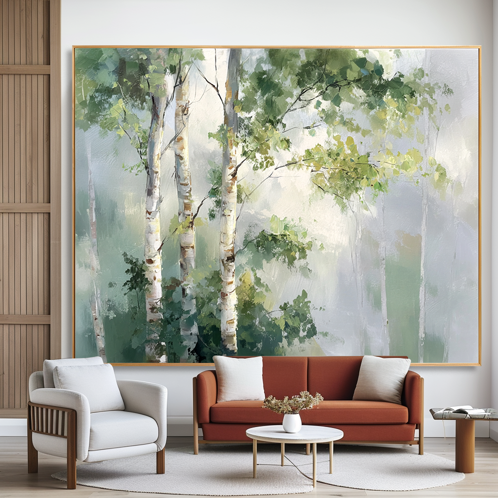 Serene birch trees in a misty forest with soft green and white tones.