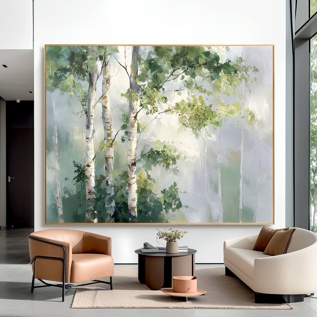 Serene birch trees in a misty forest with soft green and white tones.