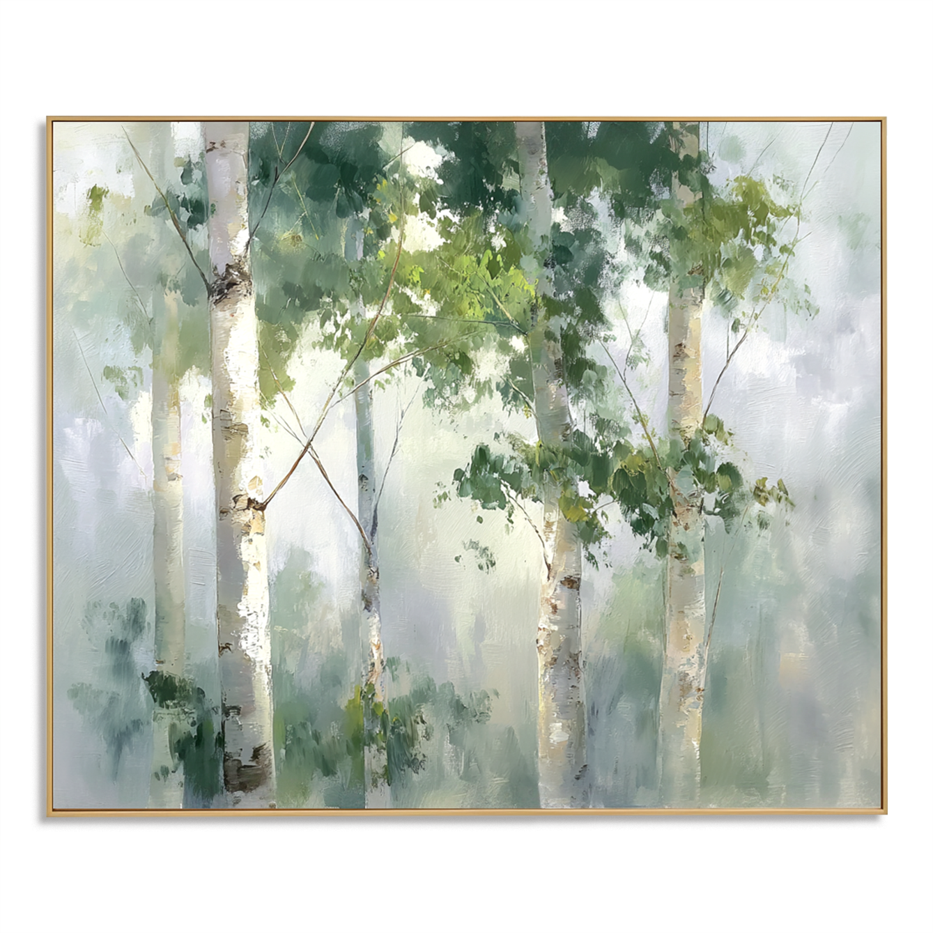 Tranquil birch trees in a misty forest with soft green and white tones.