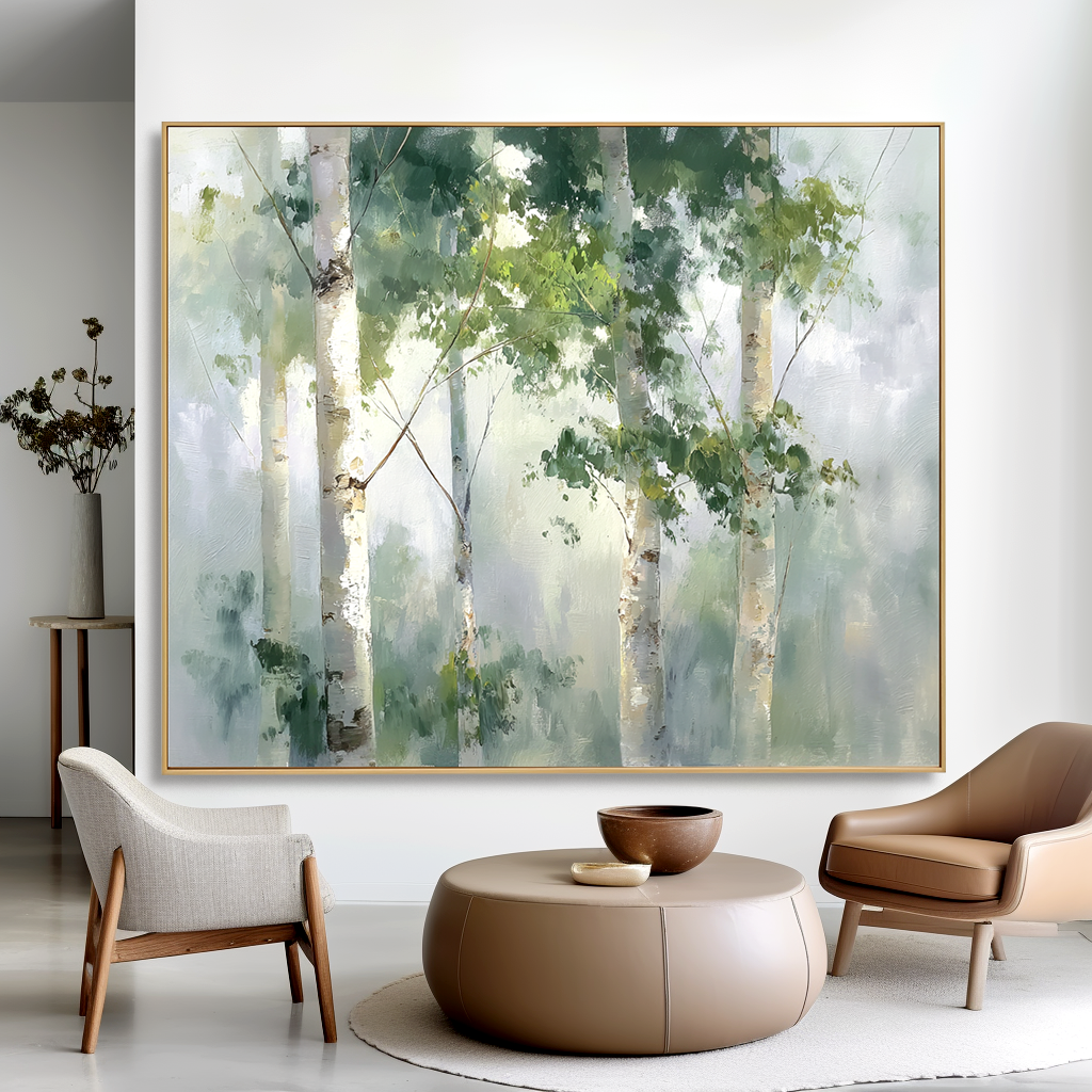 Tranquil birch trees in a misty forest with soft green and white tones.