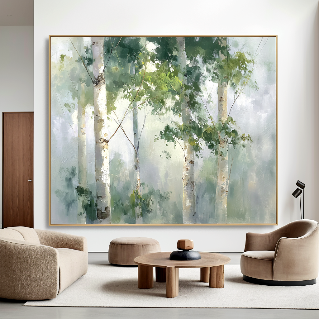 Tranquil birch trees in a misty forest with soft green and white tones.