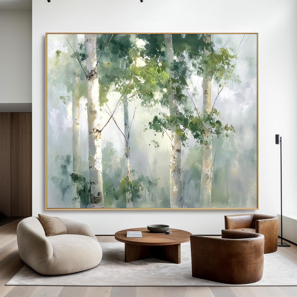 Tranquil birch trees in a misty forest with soft green and white tones.