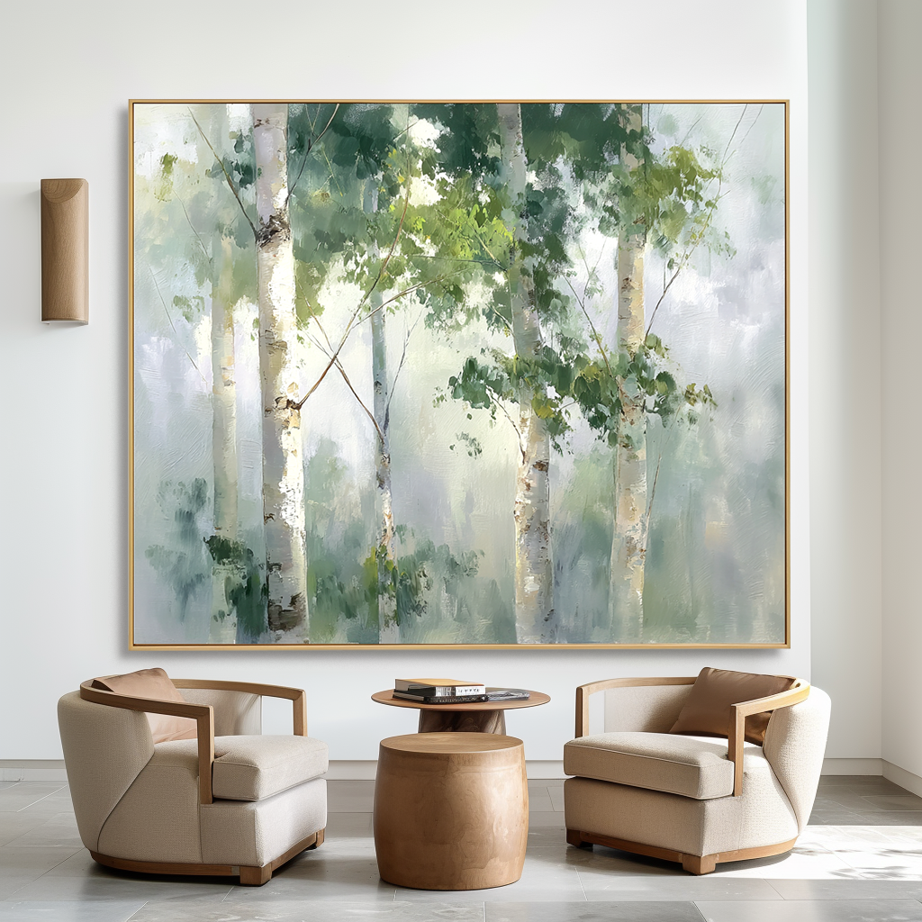 Tranquil birch trees in a misty forest with soft green and white tones.