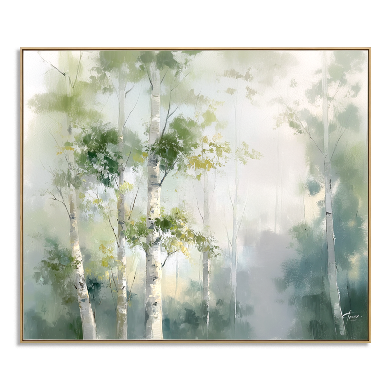Serene birch trees in a misty forest with soft green and blue tones.