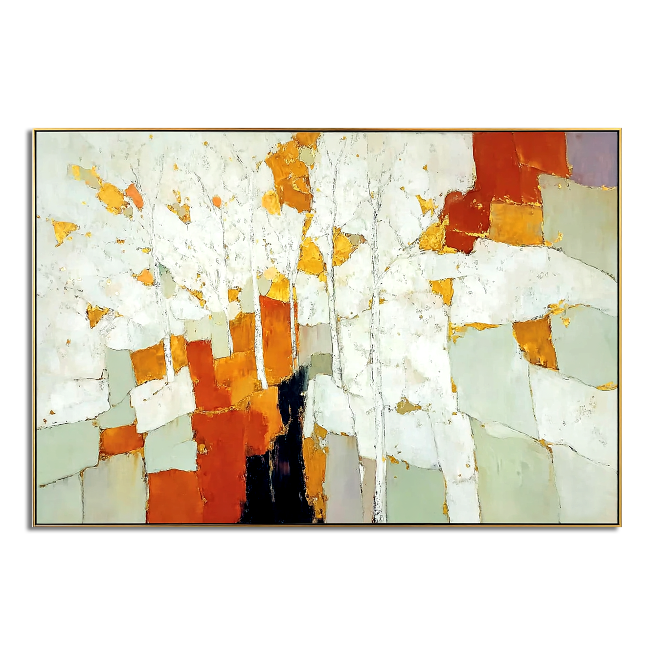 Abstract autumn trees with white trunks and vibrant blocks of orange, yellow, and green.
