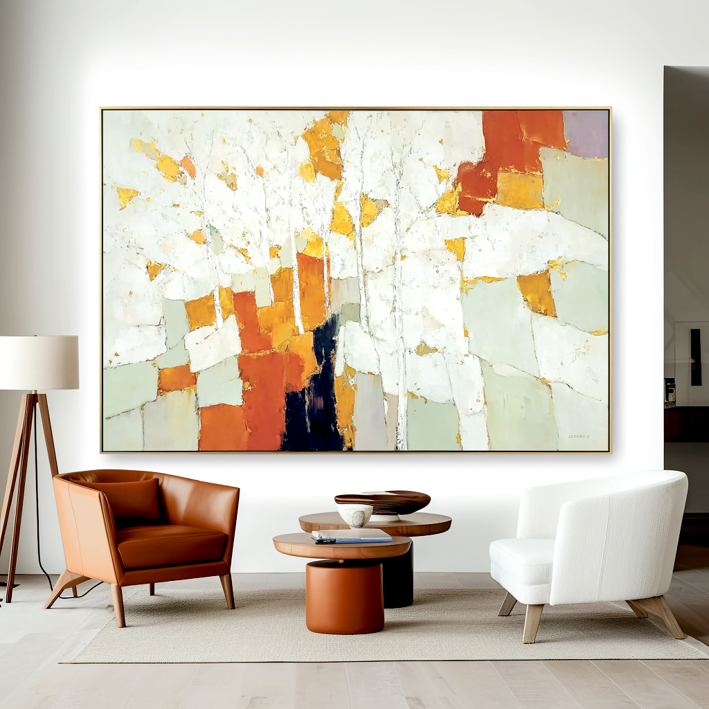 Abstract autumn trees with white trunks and vibrant blocks of orange, yellow, and green.
