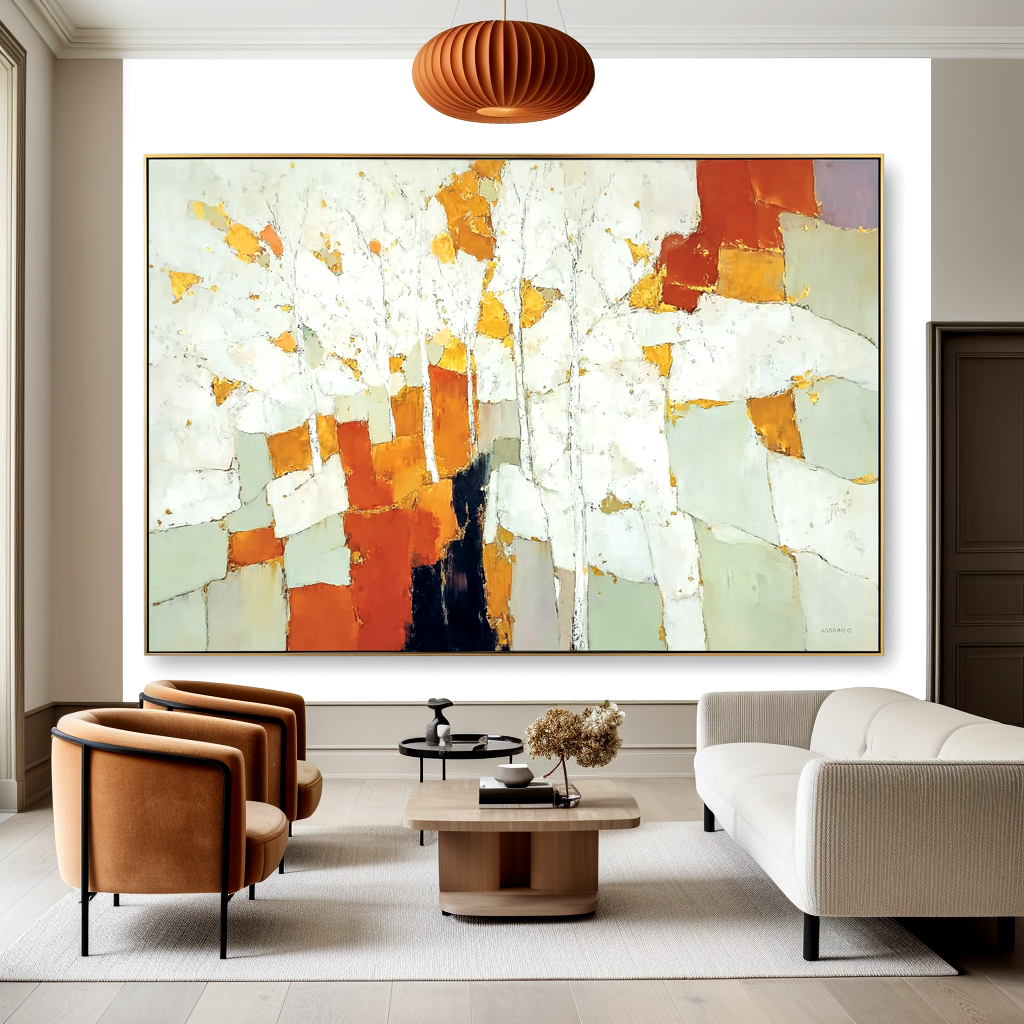 Abstract autumn trees with white trunks and vibrant blocks of orange, yellow, and green.