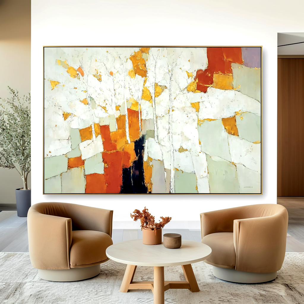 Abstract autumn trees with white trunks and vibrant blocks of orange, yellow, and green.