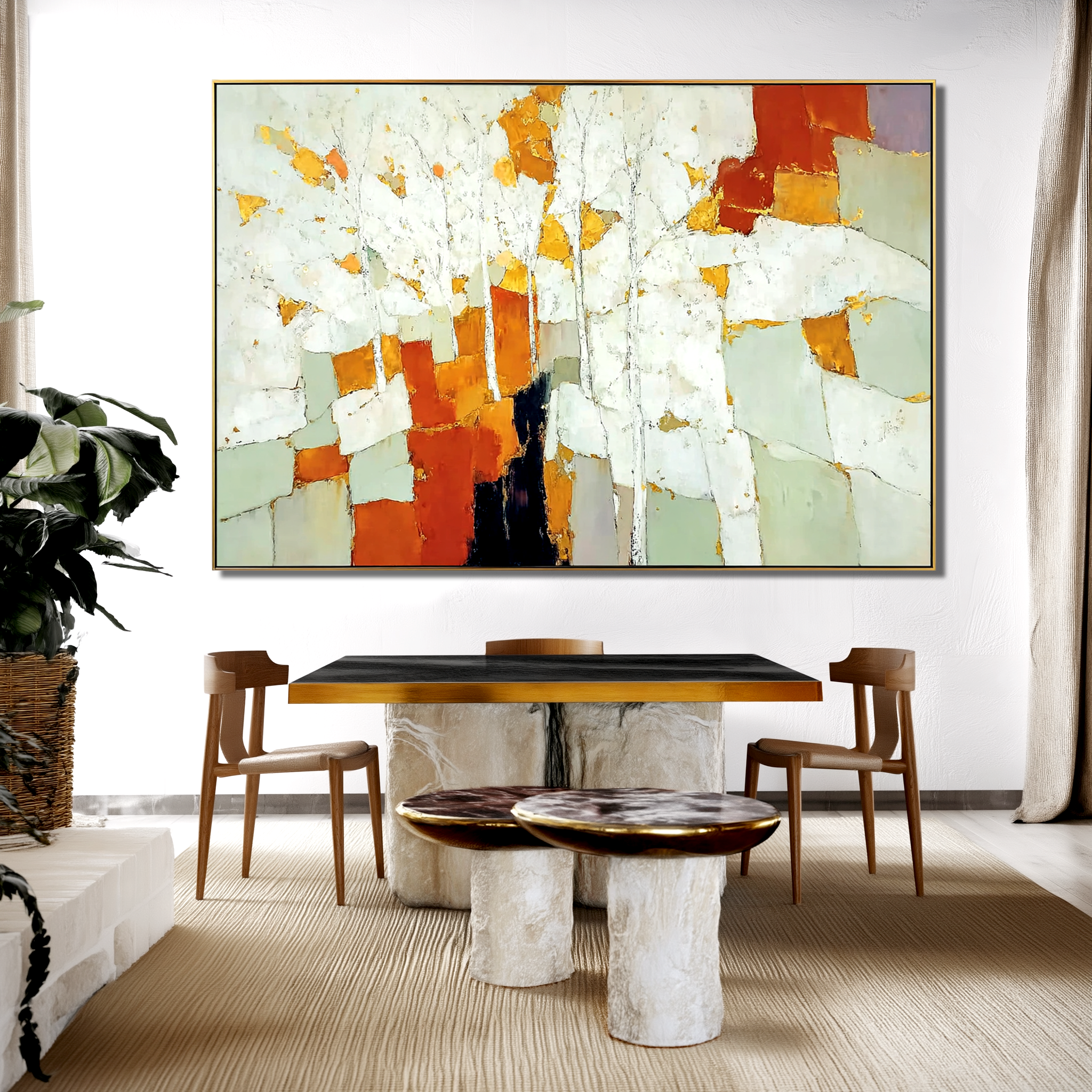 Abstract autumn trees with white trunks and vibrant blocks of orange, yellow, and green.