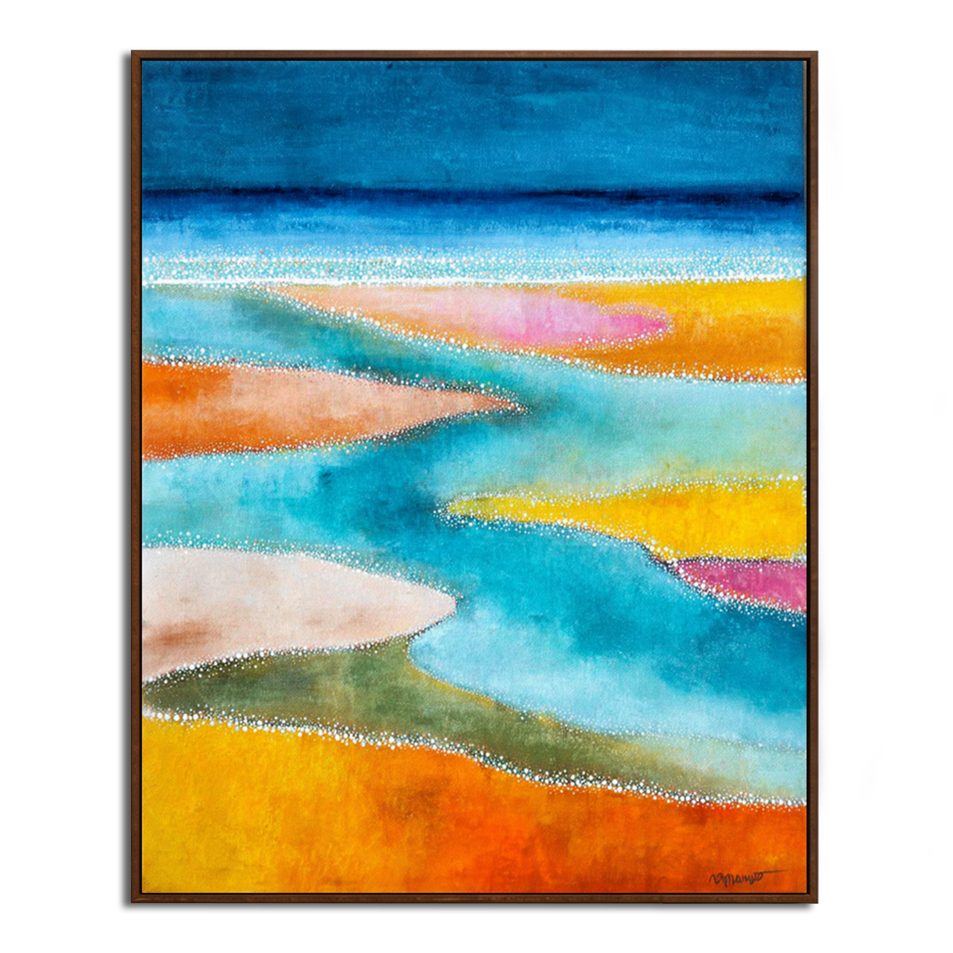 Abstract painting of flowing water and colorful sand in orange, pink, and blue.