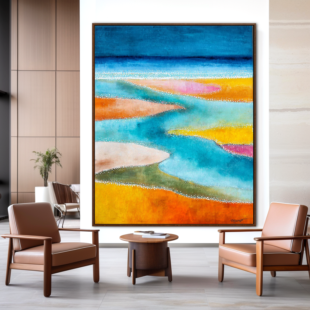 Abstract painting of flowing water and colorful sand in orange, pink, and blue.