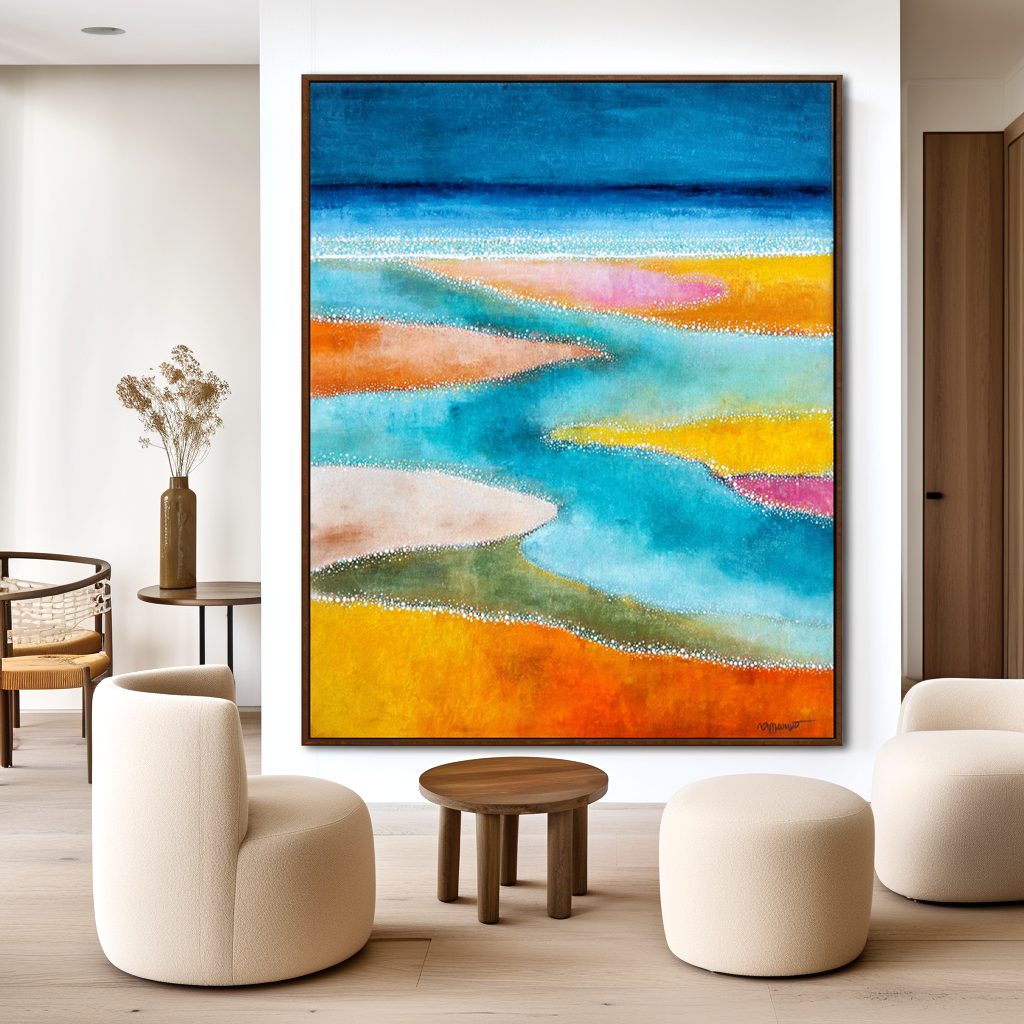 Abstract painting of flowing water and colorful sand in orange, pink, and blue.