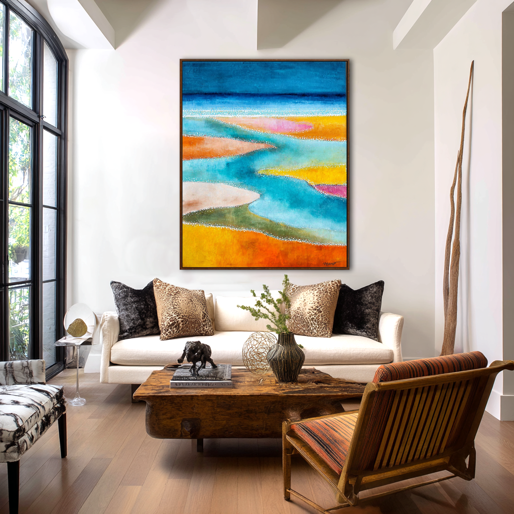 Abstract painting of flowing water and colorful sand in orange, pink, and blue.