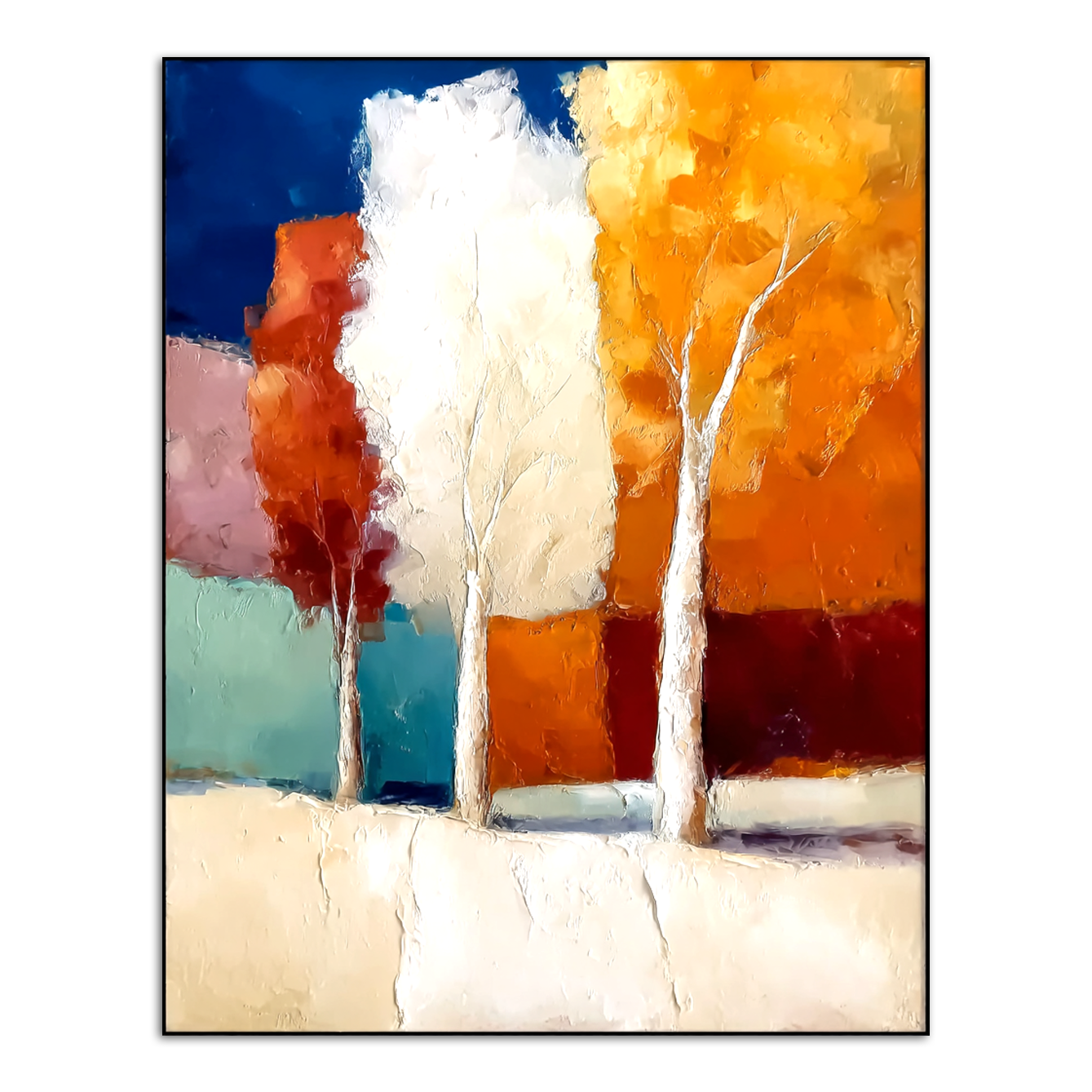 Abstract painting of colorful trees with vibrant autumn colors and textured brushstrokes.