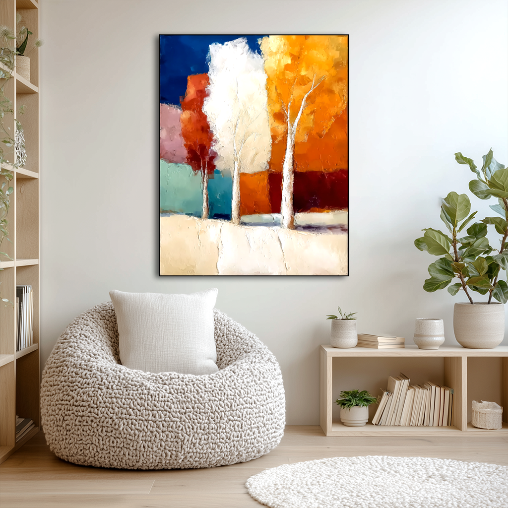 Abstract painting of colorful trees with vibrant autumn colors and textured brushstrokes.