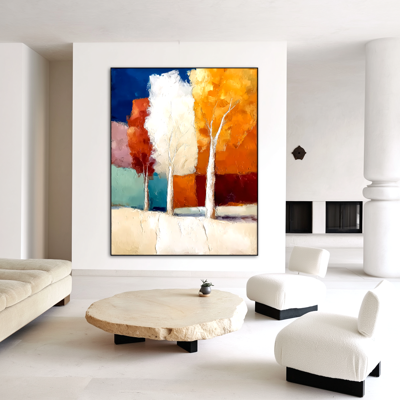 Abstract painting of colorful trees with vibrant autumn colors and textured brushstrokes.