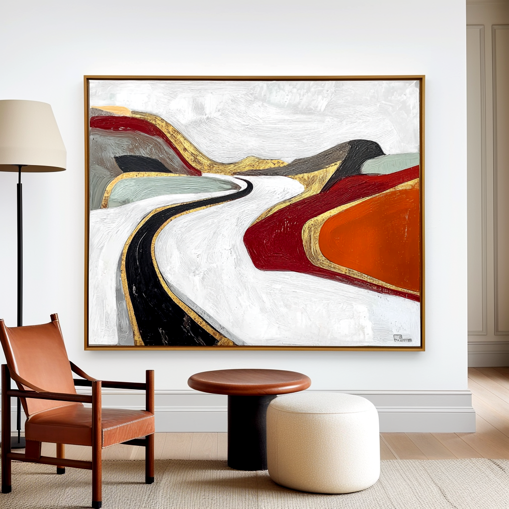Abstract painting of a winding road with gold accents and vibrant colorful hills.