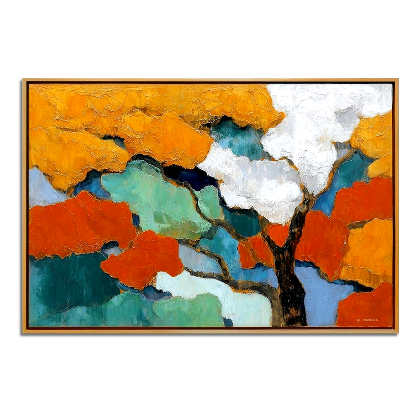Abstract painting of a tree with vibrant orange, green, and blue colors.