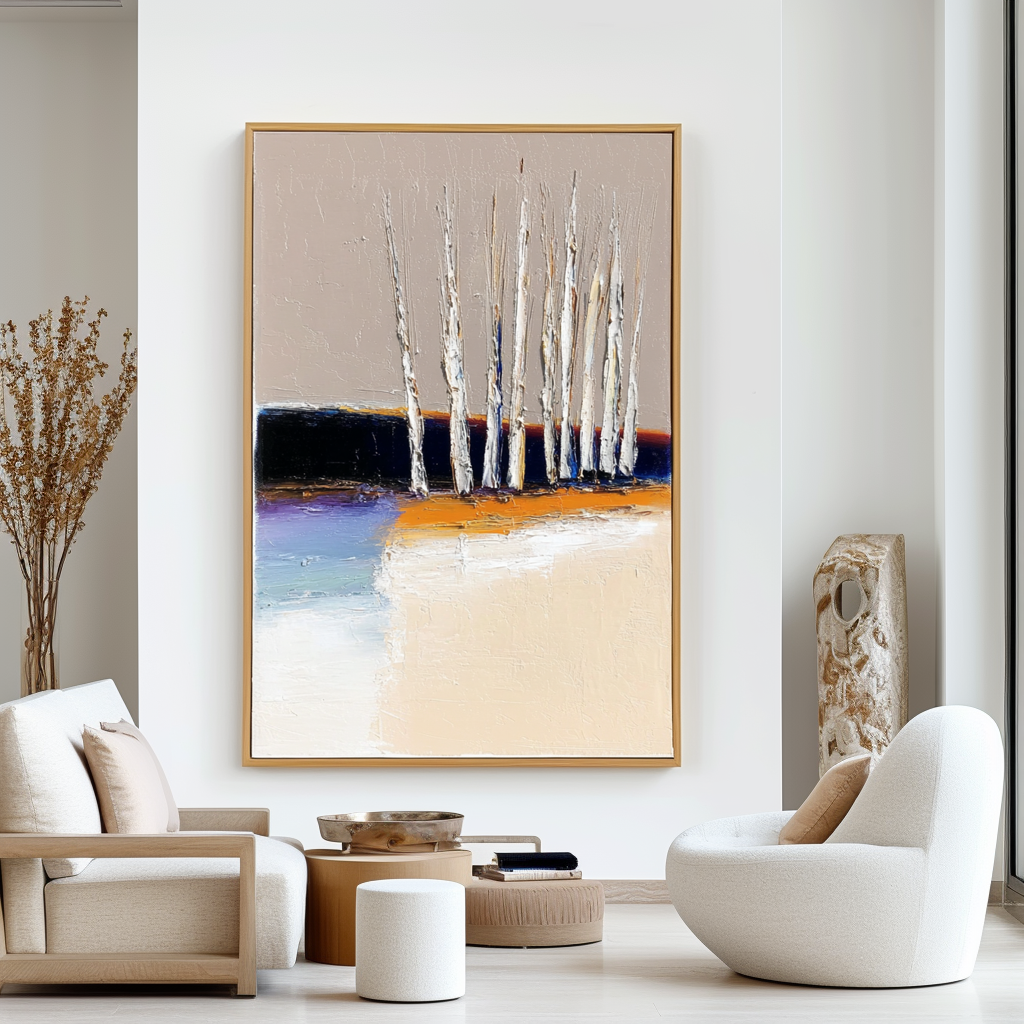Abstract landscape with white trees and vibrant orange and blue colors.