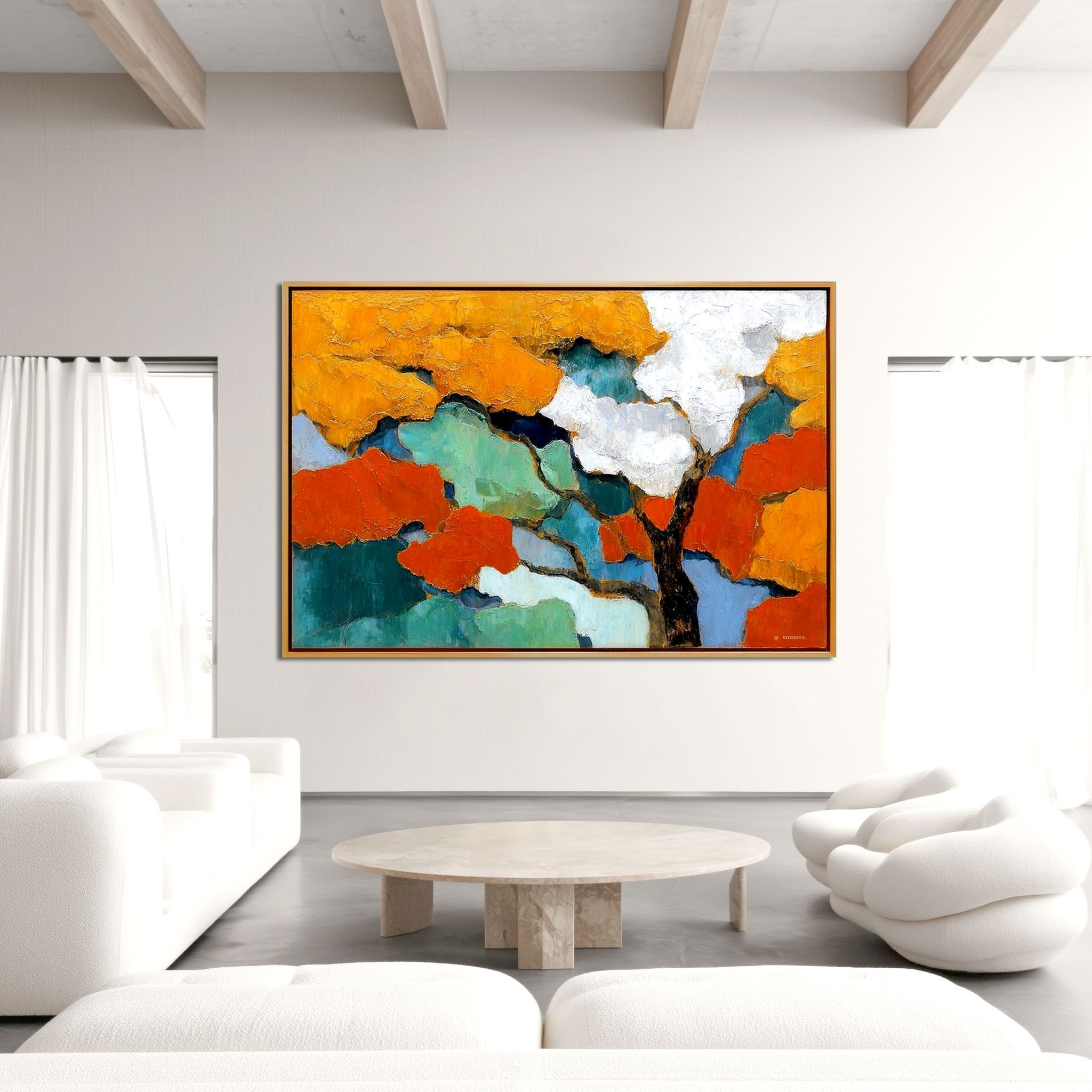 Abstract painting of a tree with vibrant orange, green, and blue colors.