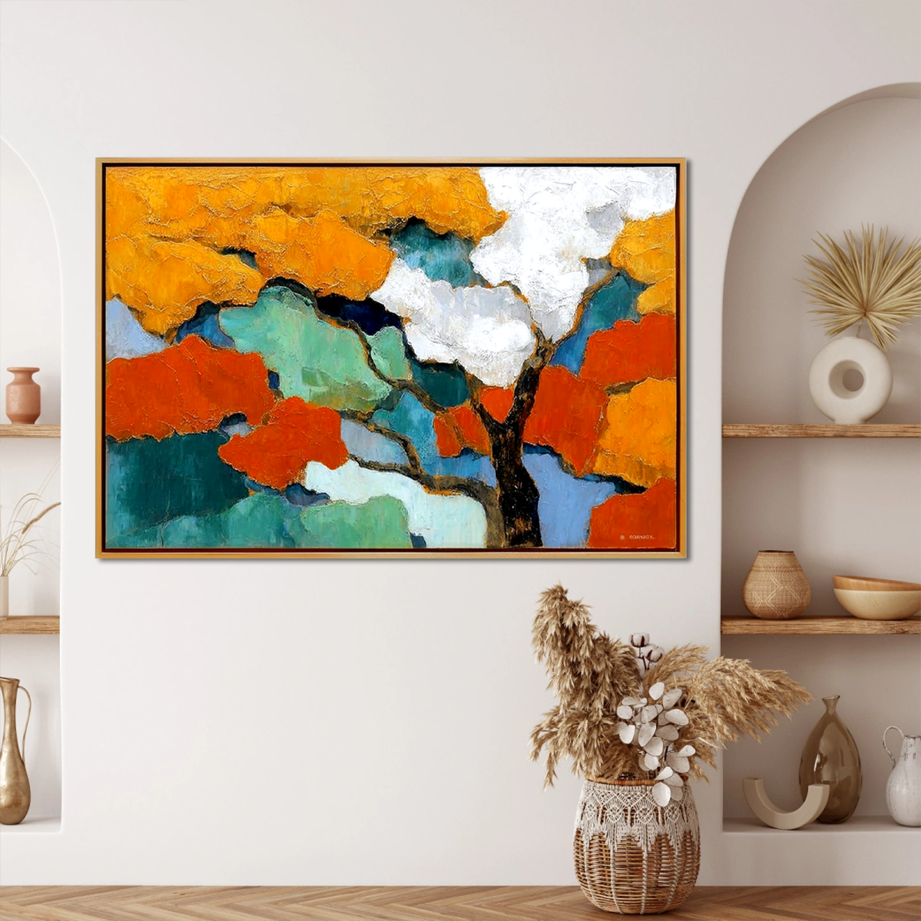 Abstract painting of a tree with vibrant orange, green, and blue colors.