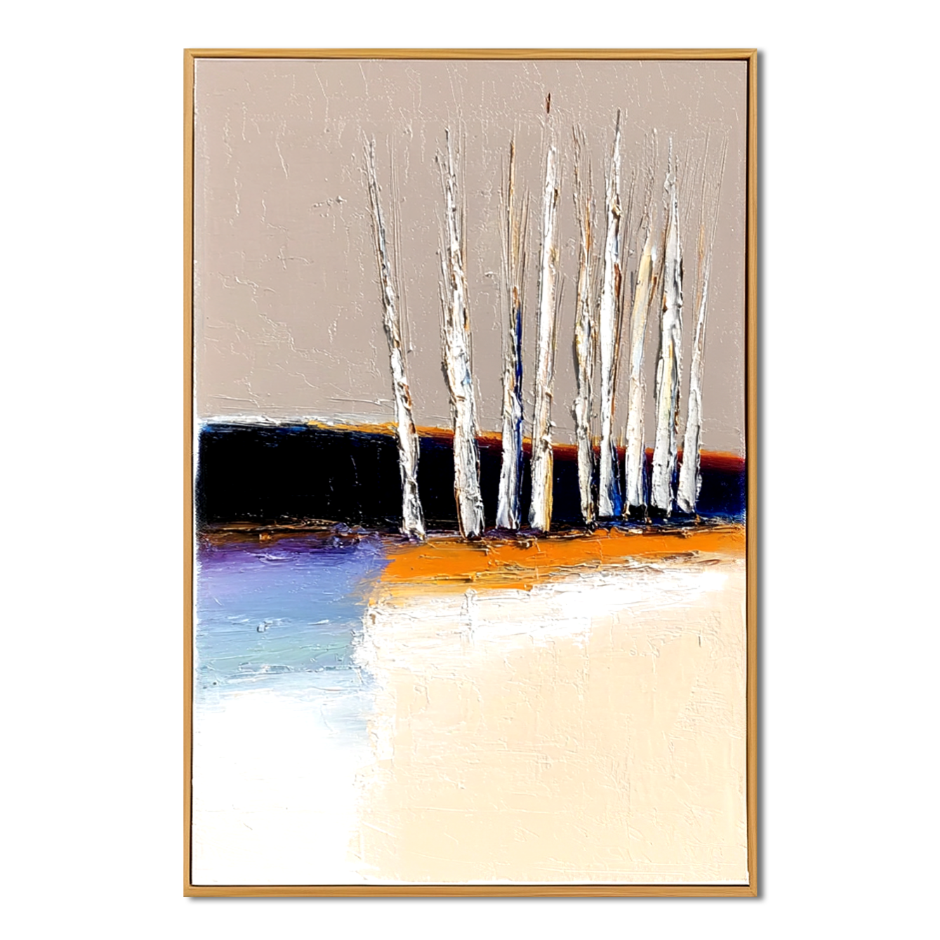 Abstract landscape with white trees and vibrant orange and blue colors.