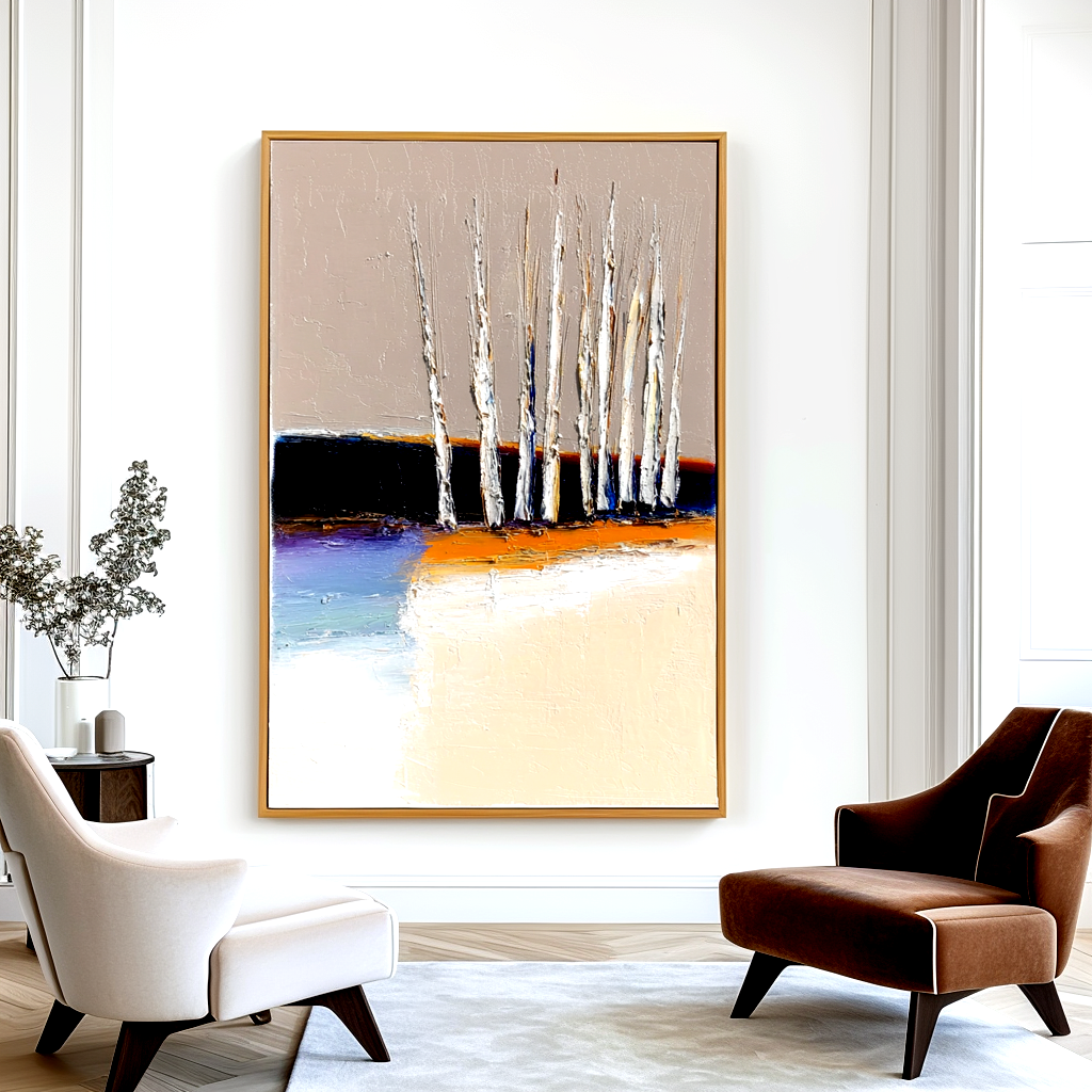 Abstract landscape with white trees and vibrant orange and blue colors.