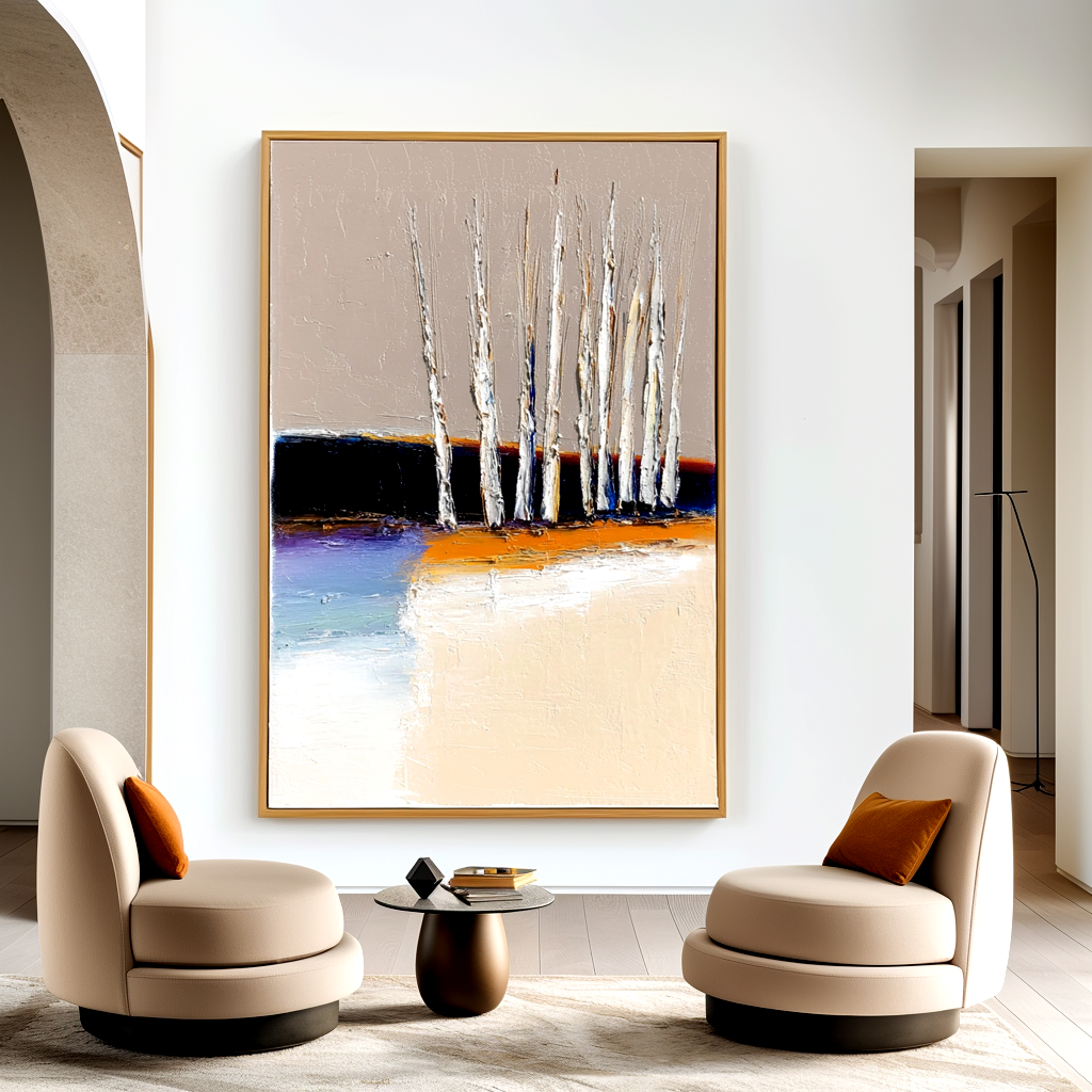 Abstract landscape with white trees and vibrant orange and blue colors.