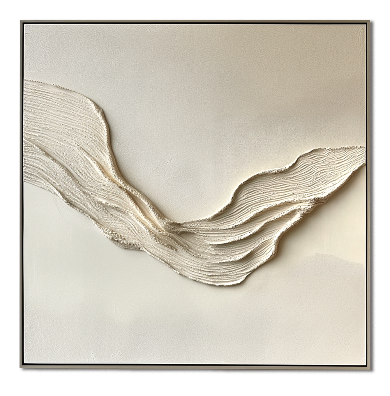 Textured minimalist white abstract art with wave-like patterns.