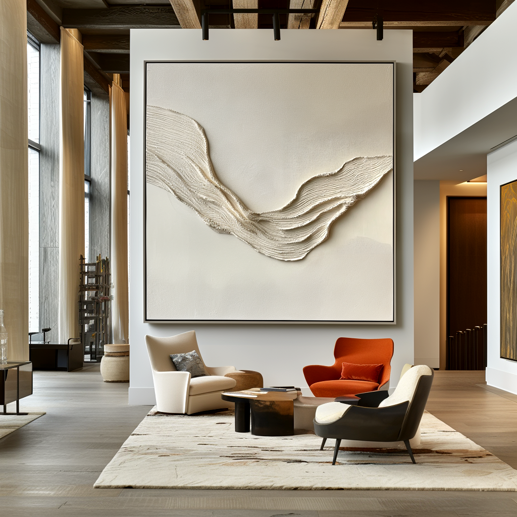 Textured minimalist white abstract art with wave-like patterns.