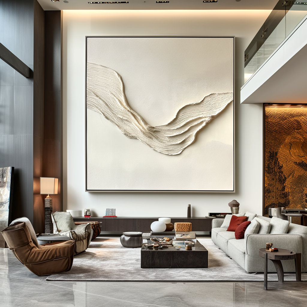 Textured minimalist white abstract art with wave-like patterns.