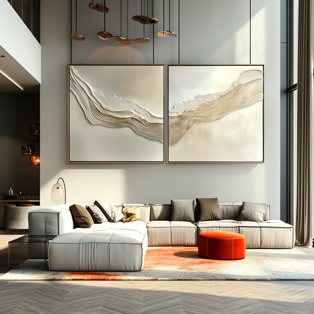 Textured abstract art set with soft beige, gold, and white tones depicting flowing waves.