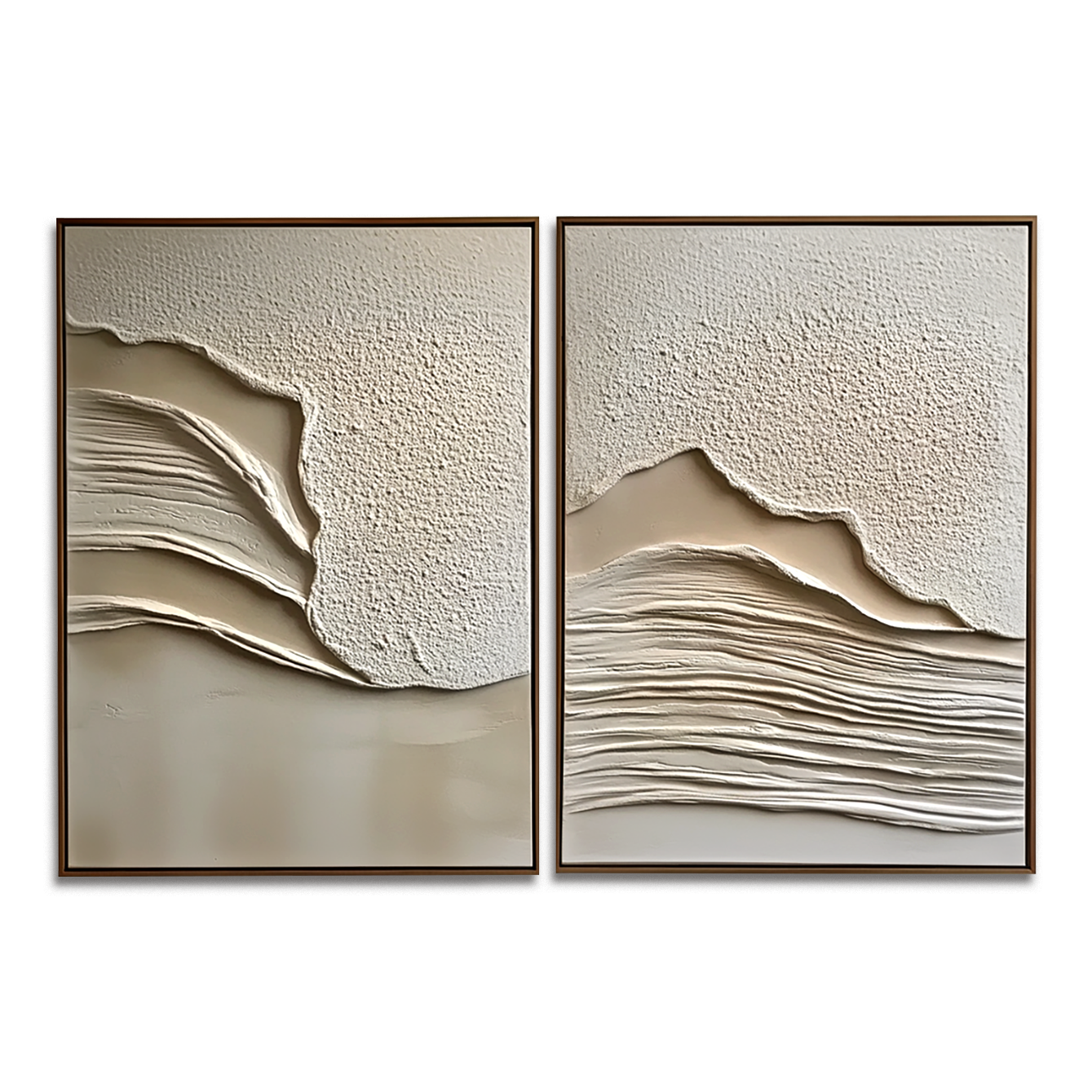 Textured beige and white abstract art set with raised layers creating soft waves.