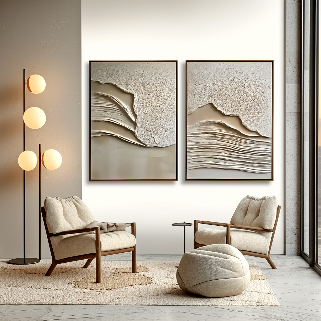 Textured beige and white abstract art set with raised layers creating soft waves.