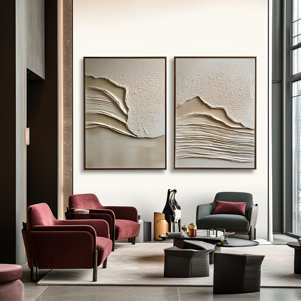 Textured beige and white abstract art set with raised layers creating soft waves.