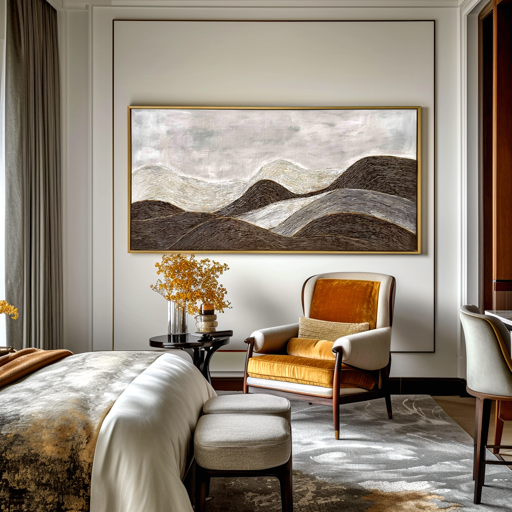 Textured black and white abstract landscape of rolling hills with soft gray tones.